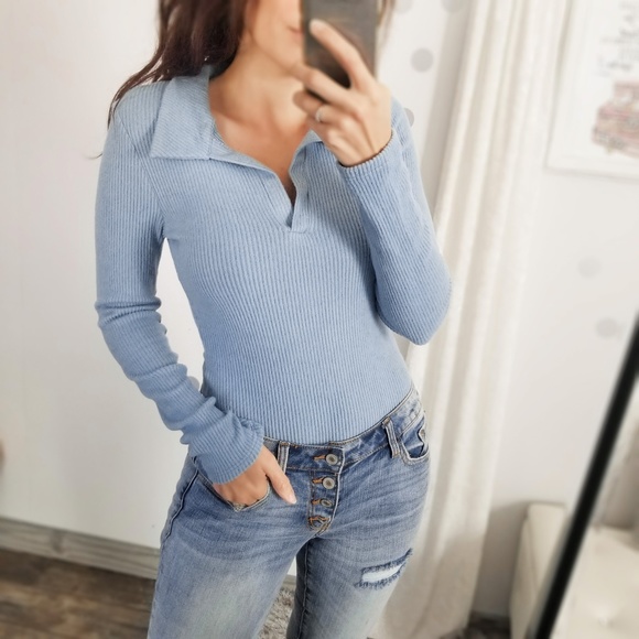 Fall Baby Blue Brushed Bodysuit with Collar Long Sleeve Tops Casual Basics - Picture 2 of 5